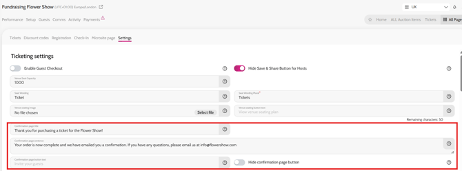 Amending wording for Ticket confirmation microsite page 1