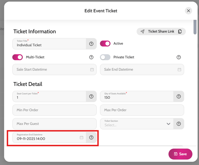 Closing registration on tickets