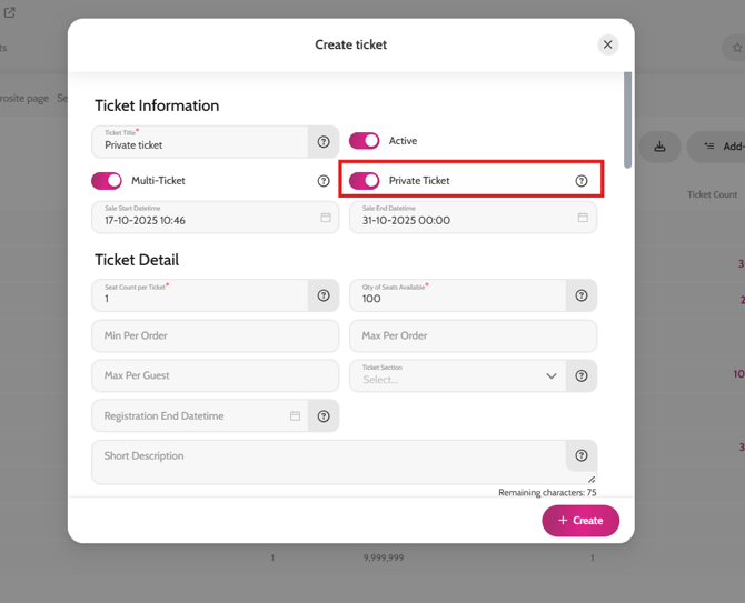 Creating a private ticket 1